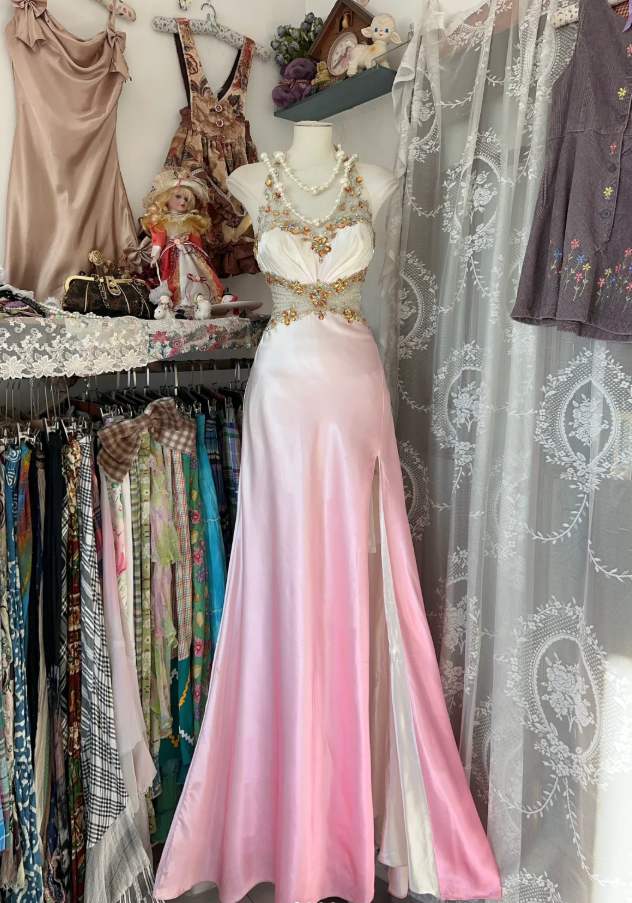 Pretty Ombre Pink Halter Satin Beaded Mermaid Long Birthday Party Dress Evening Gown D1675