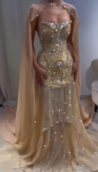 Glitter Yellow Chiffon Sequin Beaded Mermaid Evening Dress Long Birthday Prom Gown D1435