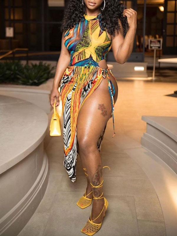 Printed Side-Slit Tied Dress Fashionpara