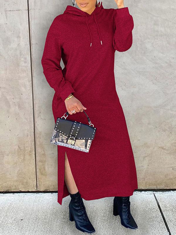 Solid Slit Hoodie Dress  Fashionpara