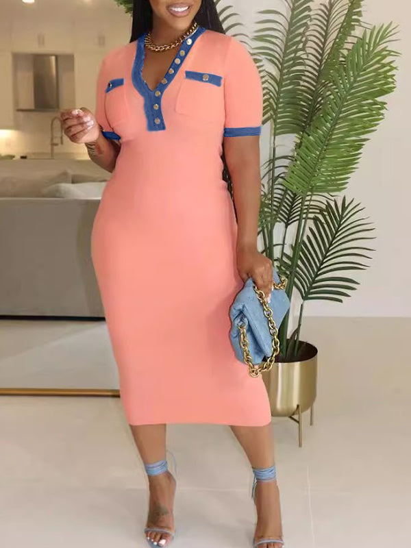 Denim-Combo Button-Front Dress Fashionpara