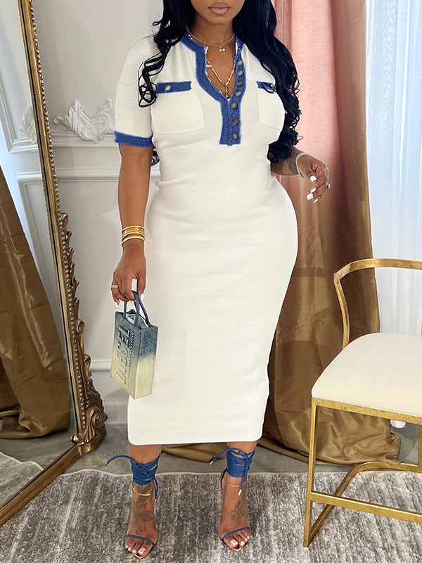 Denim-Combo Button-Front Dress Fashionpara