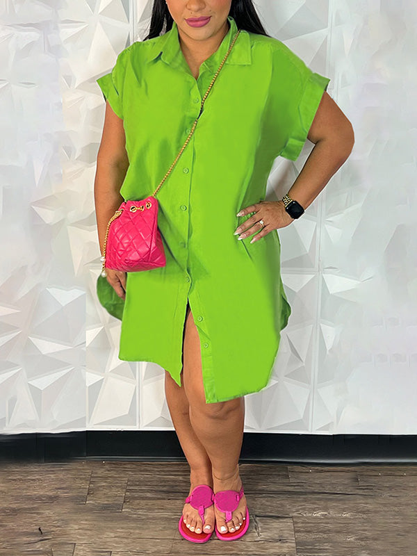 Solid Button-Front Shirt Dress  Fashionpara