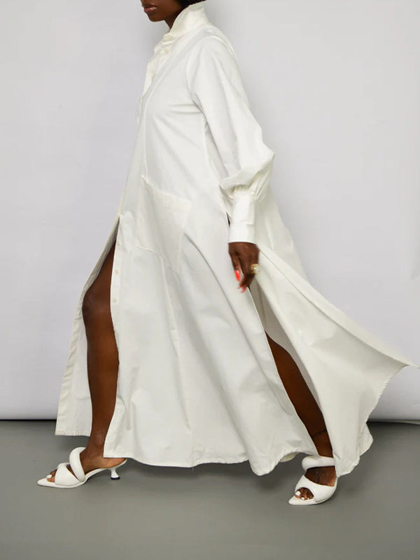 Solid Side-Slit Shirt Dress  Fashionpara