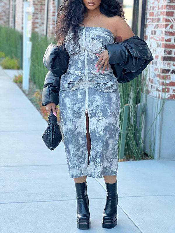 Printed Zip-Front Cargo Dress Fashionpara