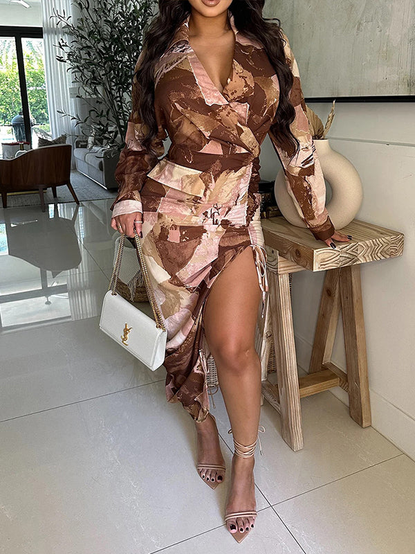 Printed Slit Shirt Dress  Fashionpara