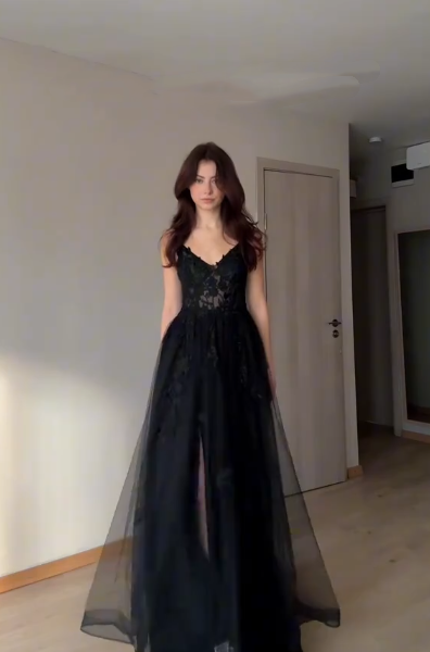 Elegant Spaghetti Straps Black Tulle Appliques Slit A Line Long Party Dress Evening Gown D799