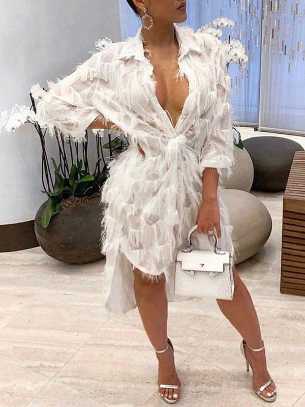 Feathered Shirt Dress - Fashionpara