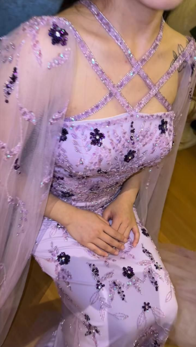 Gorgeous Lavender Tulle Satin Beaded Sheath Long Prom Dress Formal Birthday Party Dress D1177