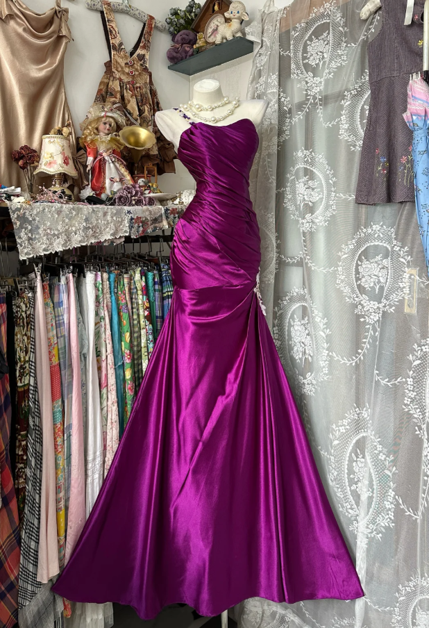 Vintage One Shoulder Hot Pink Satin Pleated Mermaid Evening Dress Long Birthday Party Dress D1244