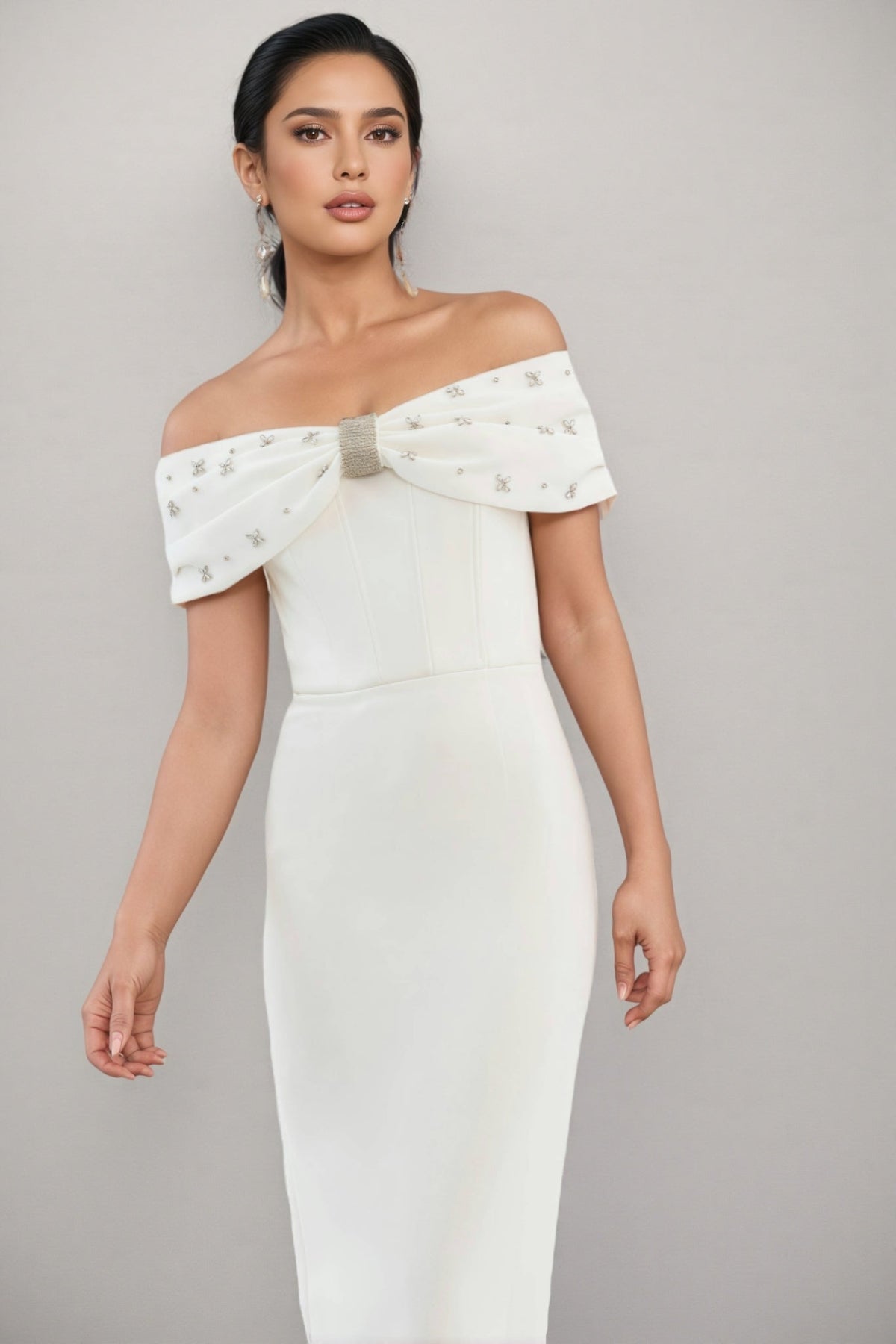 Zivaf White Beaded Rhinestone Midi Dress - View 3