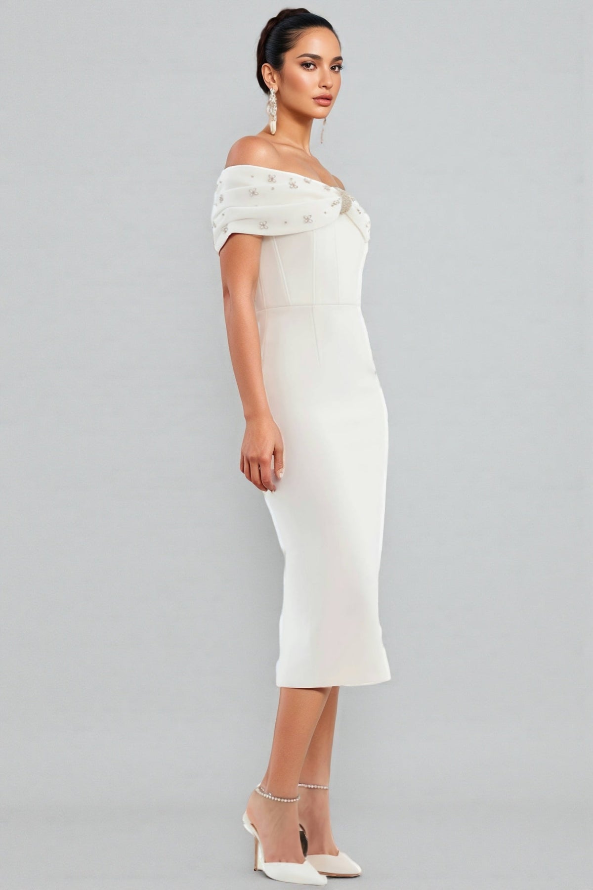 Zivaf White Beaded Rhinestone Midi Dress - View 2