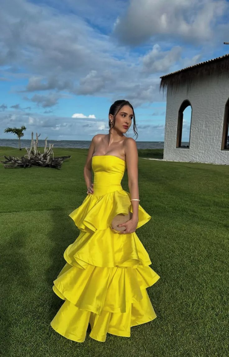Fashion Yellow Strapless Satin Layered A Line Long Wedding Guest Dress Formal Evening Gown D1541