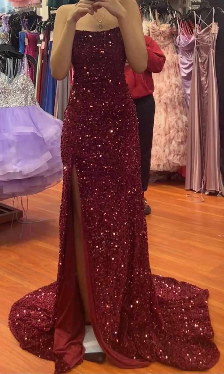 Sparkly Burgundy Sequin Mermaid Evening Dress Slit Long Party Dress Prom Gown D1594