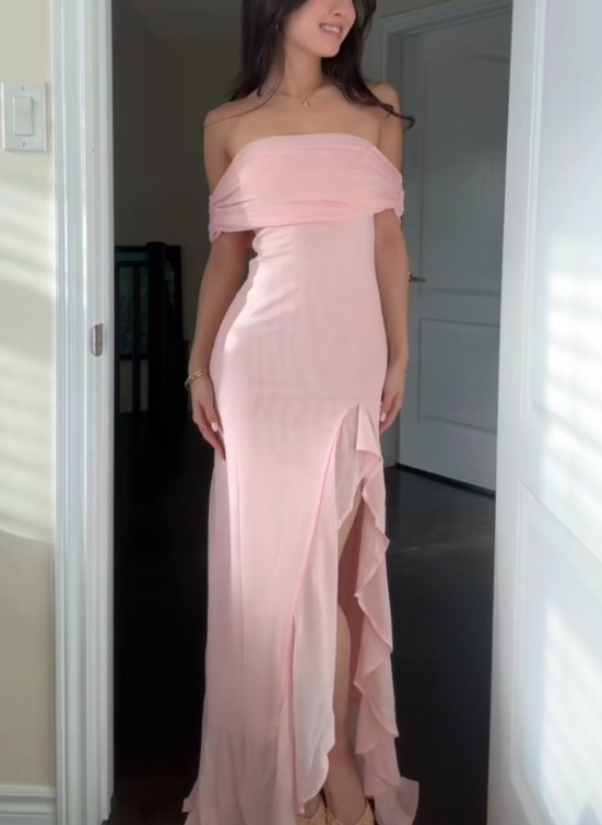 Pretty Strapless Pink Chiffon Ruffles Slit Evening Dress Long Wedding Guest Dress D959