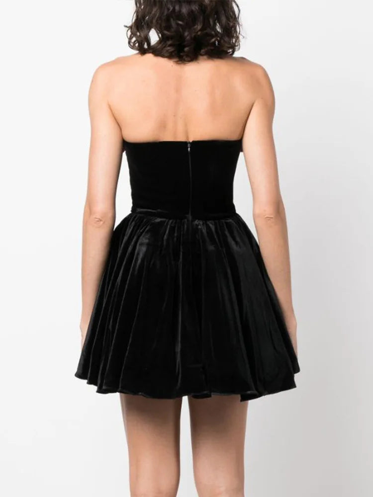 Velvet Strapless Rosette Bubble Hem Mini Dress