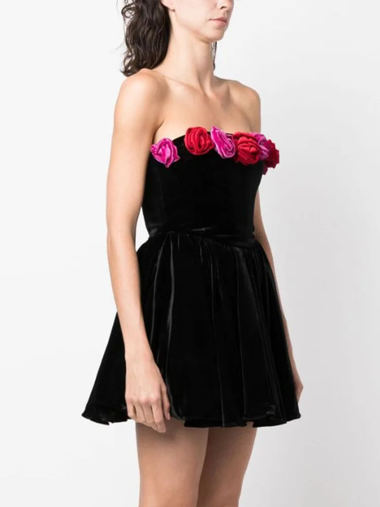 Velvet Strapless Rosette Bubble Hem Mini Dress 3