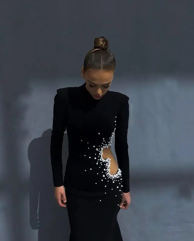 Pearl Embellished Cutout High Neck Long Sleeve Dress