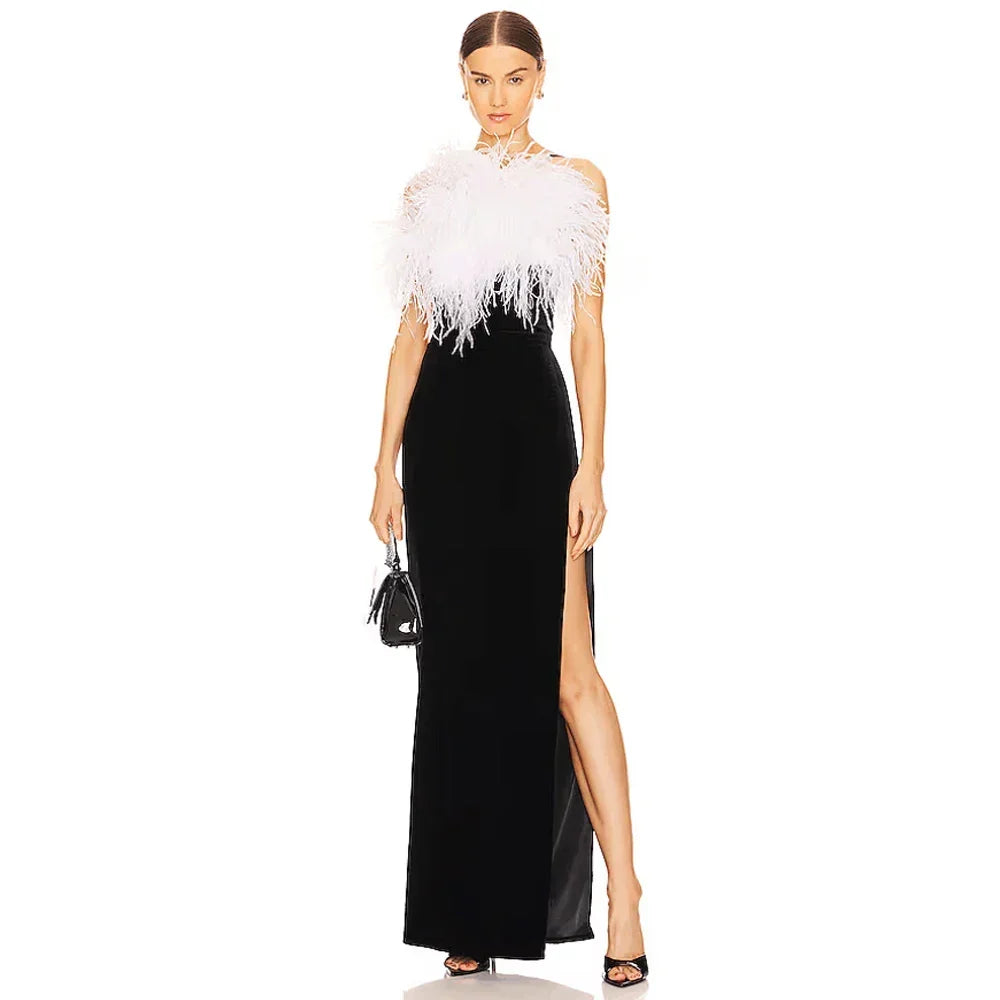 Feather Trim Halter Velvet High Split Maxi Gown