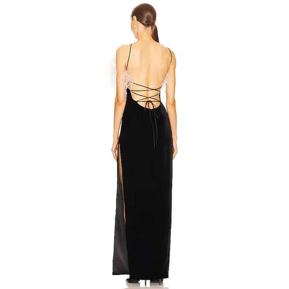 Feather Trim Halter Velvet High Split Maxi Gown 2