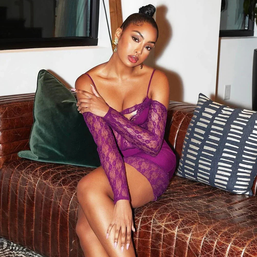 Lace Off Shoulder Long Sleeve Bodycon Mini Dress
