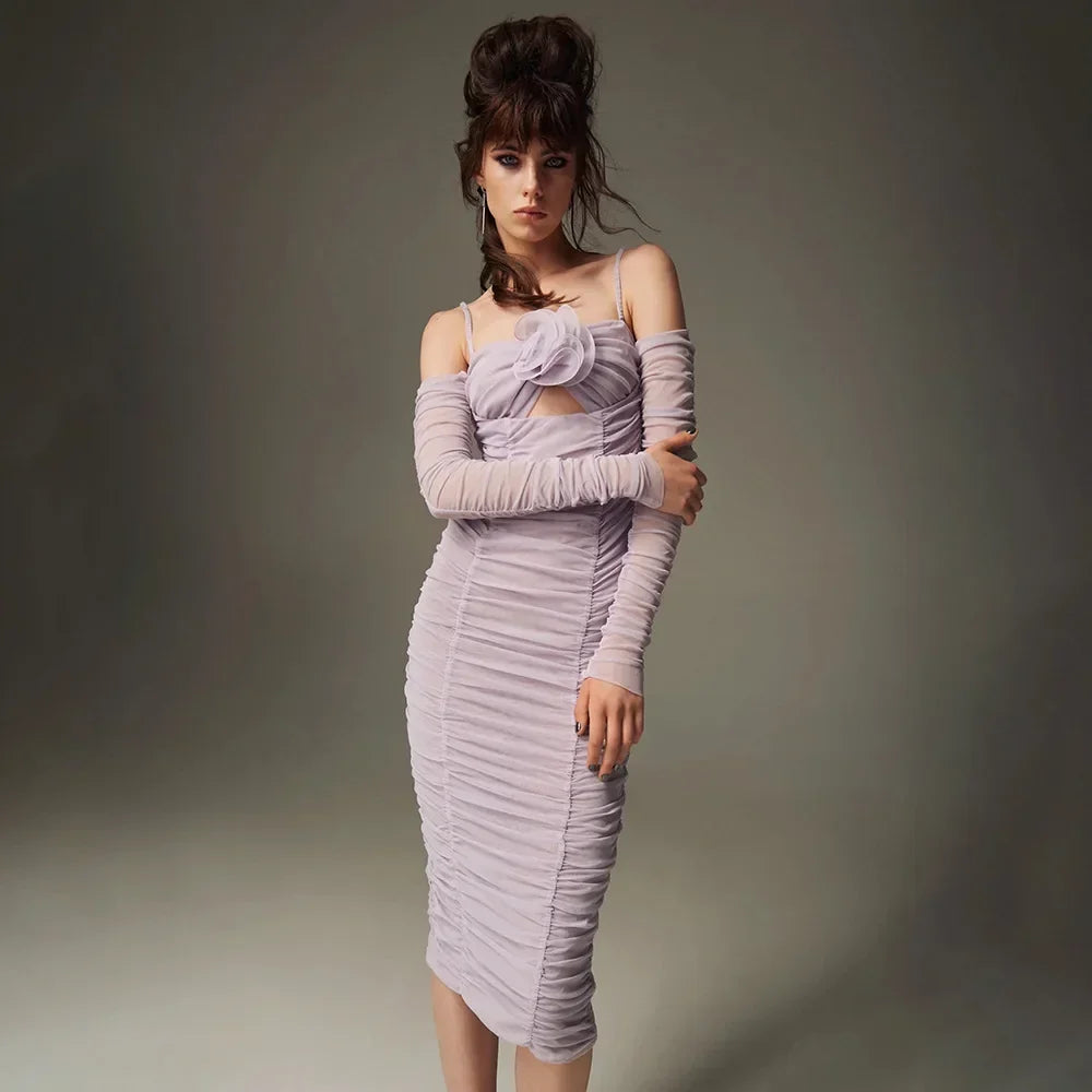 Mesh Rosette Off Shoulder Cut Out Ruched Midi Dress