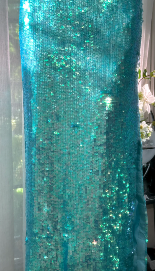 Sparkly Strapless Blue Sequin Slit Mermaid Long Prom Dress Party Dress D916