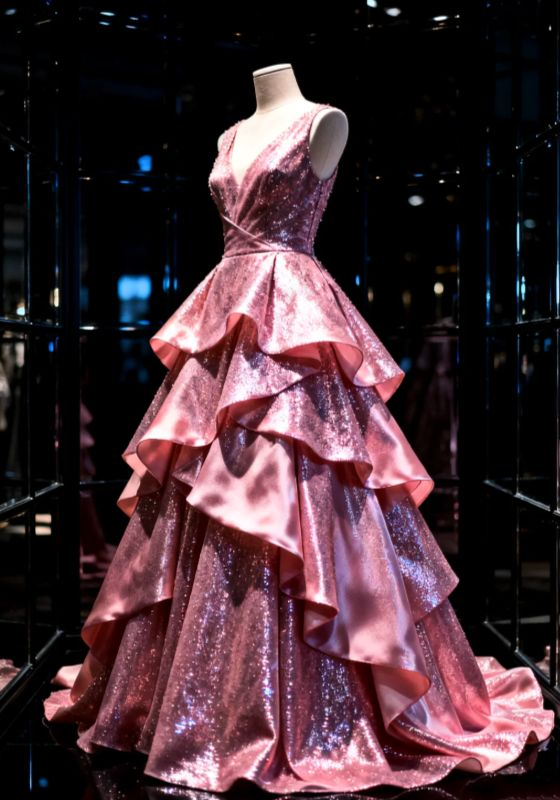 Sparkly Pink V Neck Sequin Satin Layered Ball Gown Long Birthday Dress Evening Dress D1601