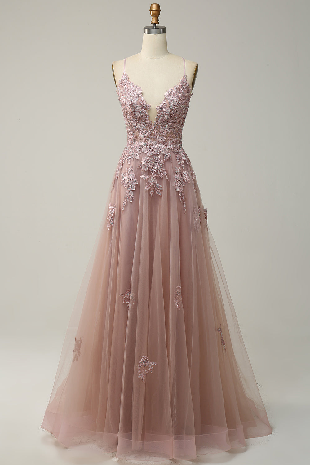 Green A-Line Spaghetti Straps Tulle Long Prom Dress with Criss Cross Back