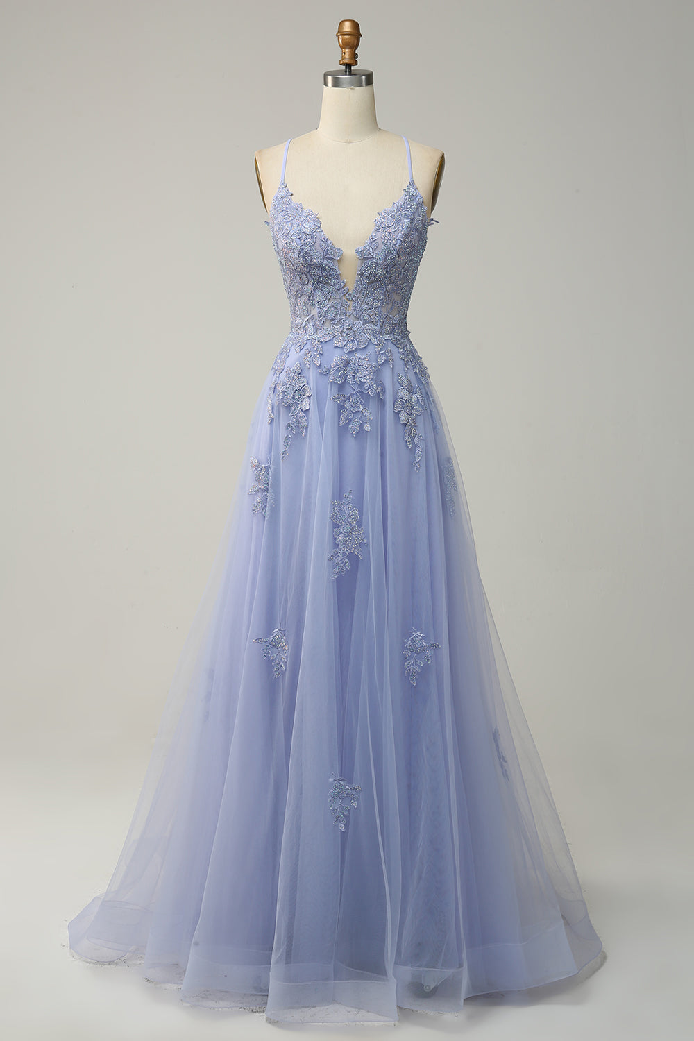 Green A-Line Spaghetti Straps Tulle Long Prom Dress with Criss Cross Back
