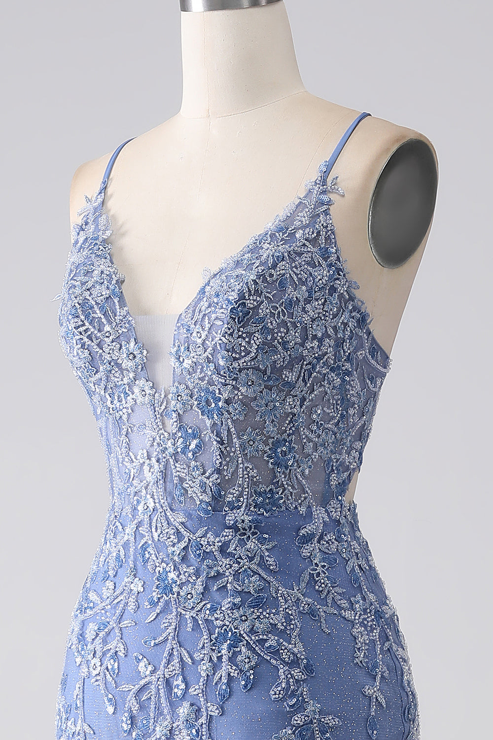 Grey Blue Mermaid Spaghetti Strap Beaded Backless Prom Dress With Appliques