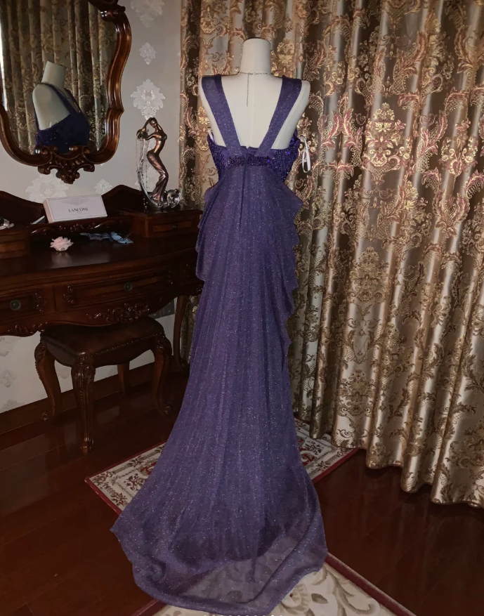 Sparkly Purple Tulle Sequin Beaded Pleated Mermaid Evening Dress Long Birthday Prom Gown D1750