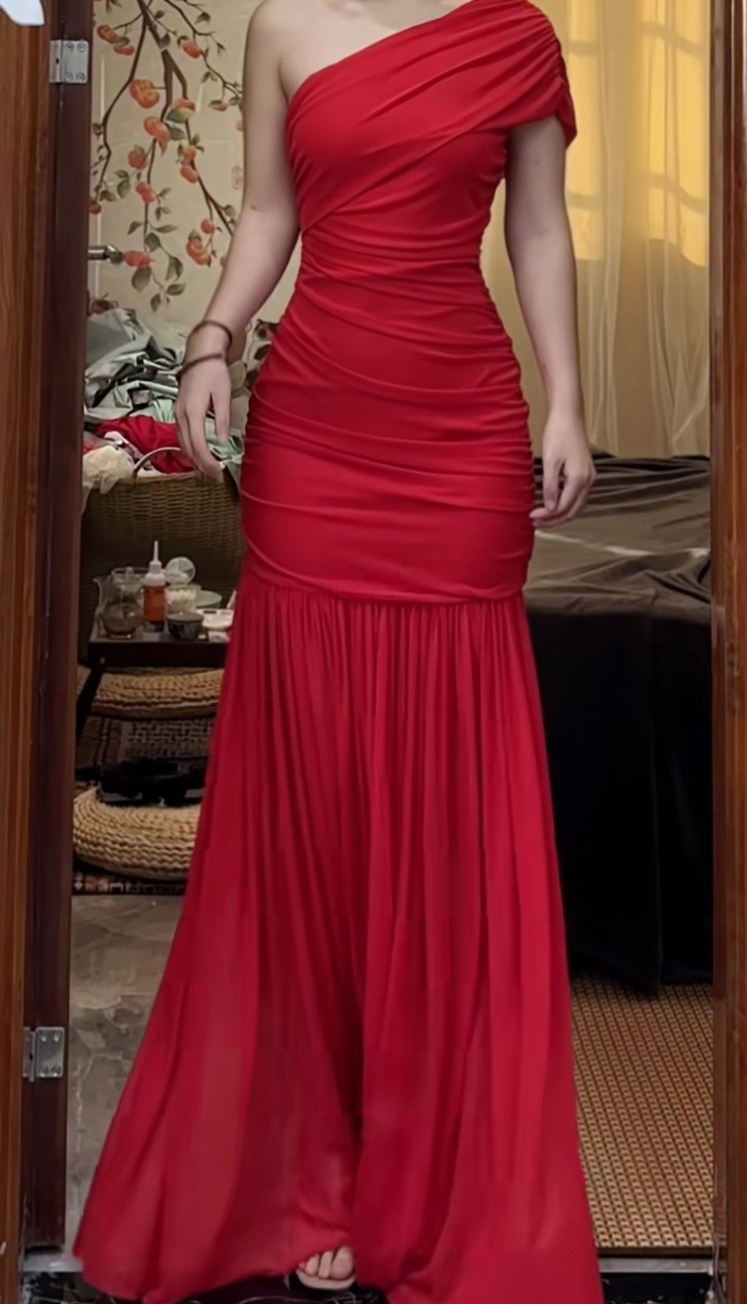Elegant One Shoulder Red Chiffon Pleated Mermaid Prom Dress Long evening Gown D1237