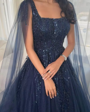 Sexy Ball Gown Navy Blue Tulle Long Sequin Prom Dresses Long Party Dress SD2292