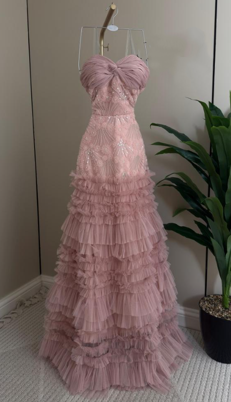 Elegant Sweetheart Neck Pink Sequin Tulle Lace Pleated Mermaid Long Party Dress Evening Gown D1602