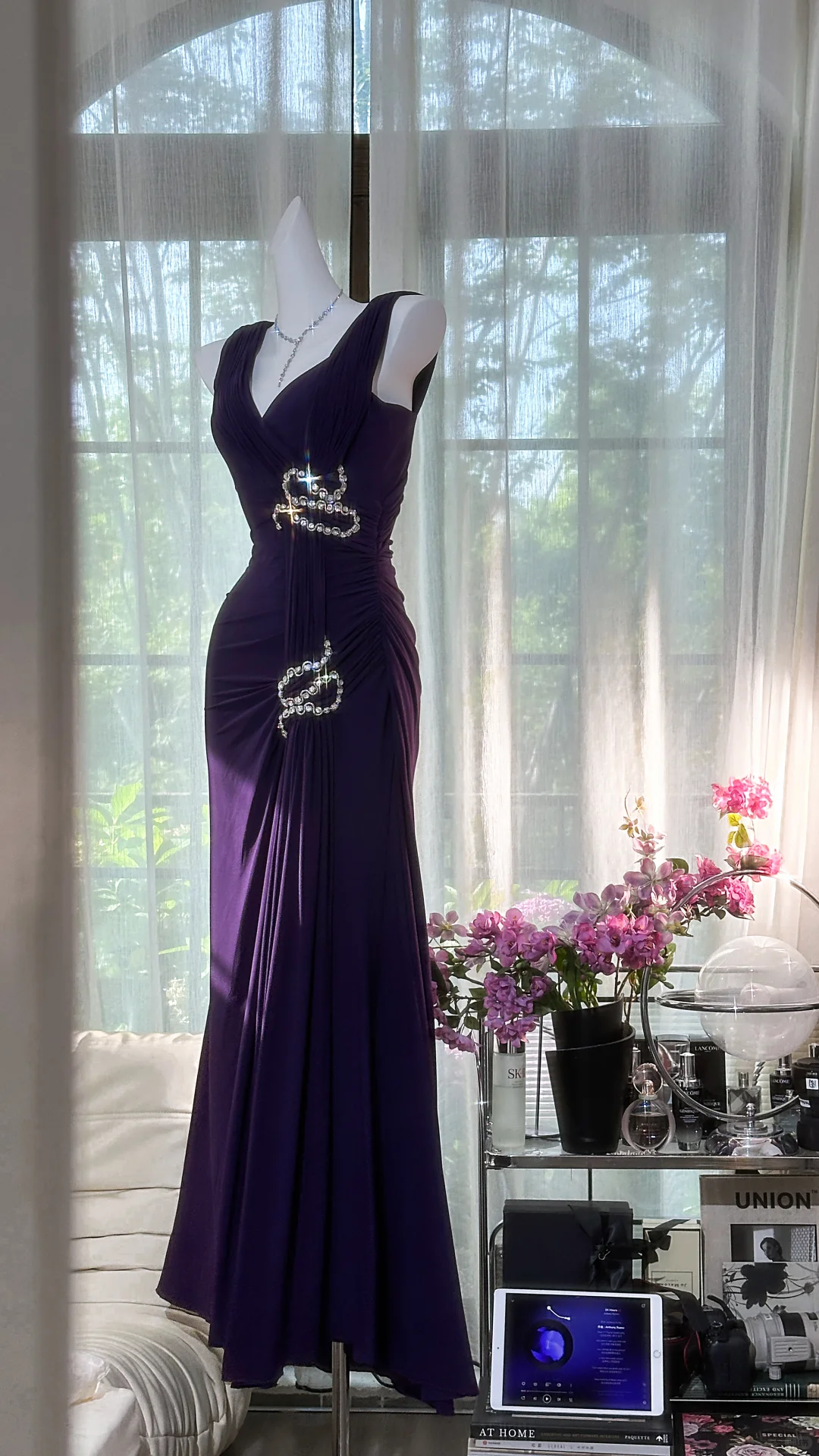 Pretty V Neck Purple Chiffon Beaded Mermaid Party Dress Formal Birthday Prom Dress D1171