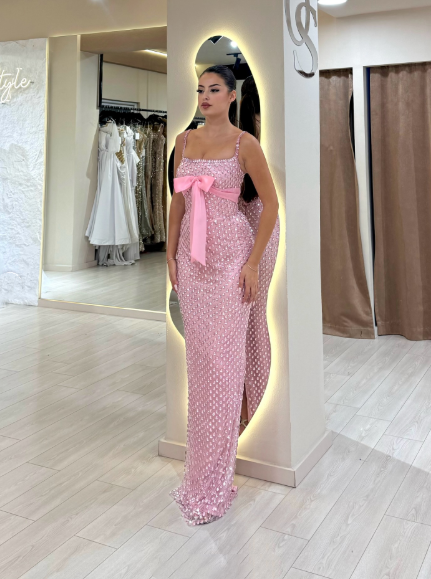 Gorgeous Spaghetti Straps Pink Sequin Beaded Mermaid Evening Dress Long Party Dress D1438