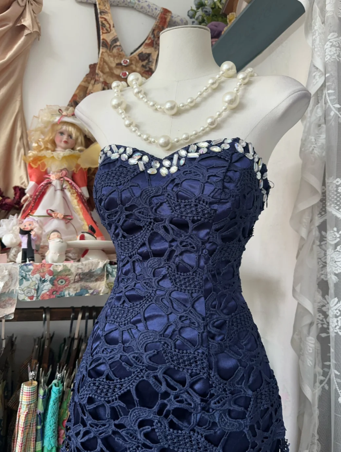 Charming Navy Blue Strapless Lace Beaded Mermaid Long Evening Dress Party Dress D1787