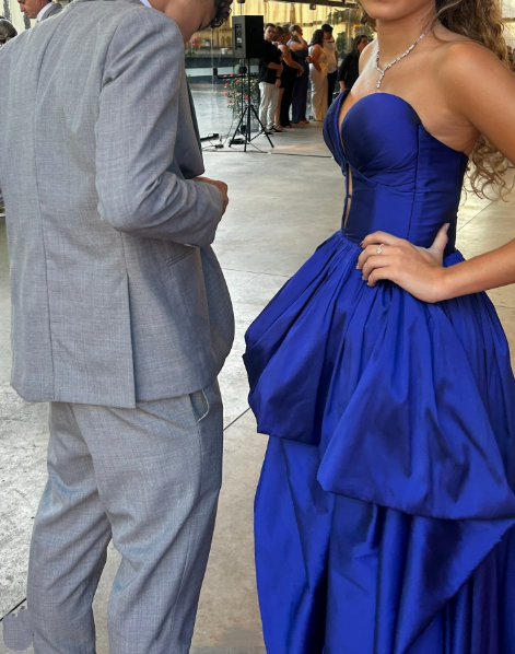 Stylish Royal Blue Strapless Satin Pleated Long Wedding Guest Dress Evening Dress D1546