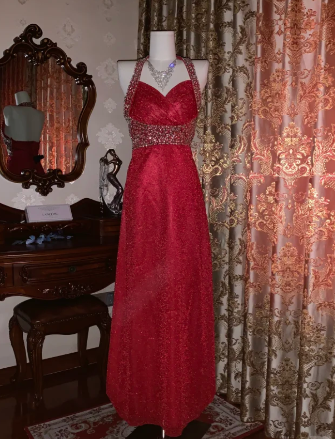 Glitter Halter Red Tulle Sequin Beaded A Line Long Party Dress Evening Dress D1713