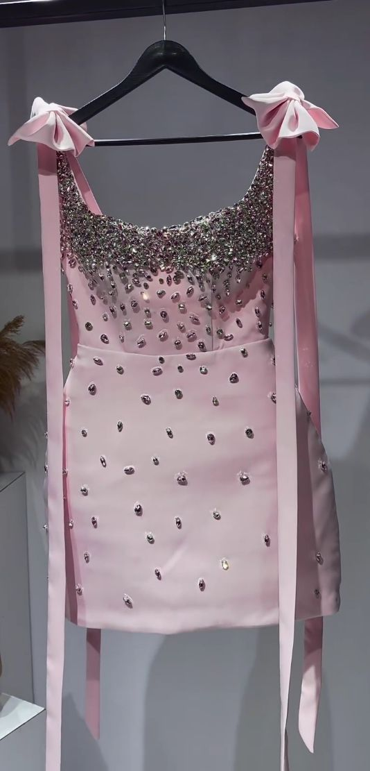 Stylish Pink Bow Straps Sheath Satin Beaded Cocktail Dress Formal Short 8th Grade Homecoming Dress D081