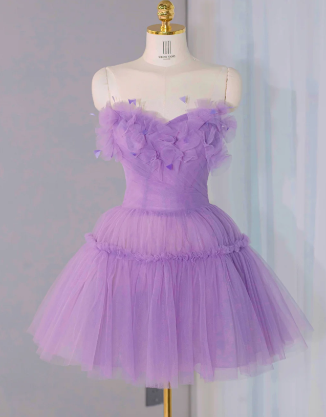 Cute Lavender Tulle A Line Homecoming Dress Strapless Mini Birthday Dress S305