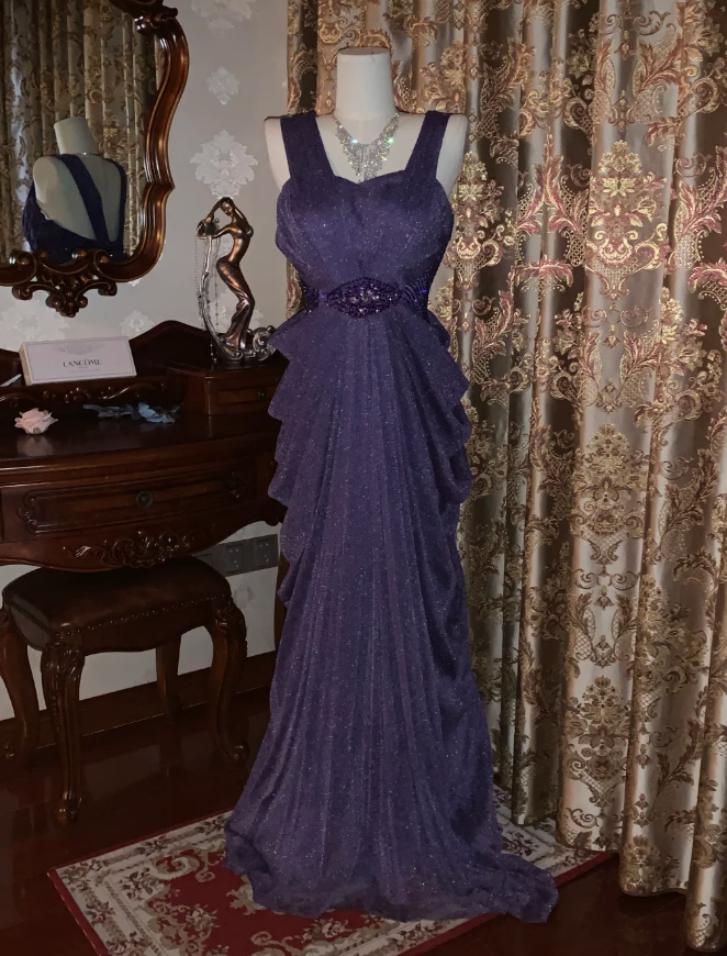 Sparkly Purple Tulle Sequin Beaded Pleated Mermaid Evening Dress Long Birthday Prom Gown D1750