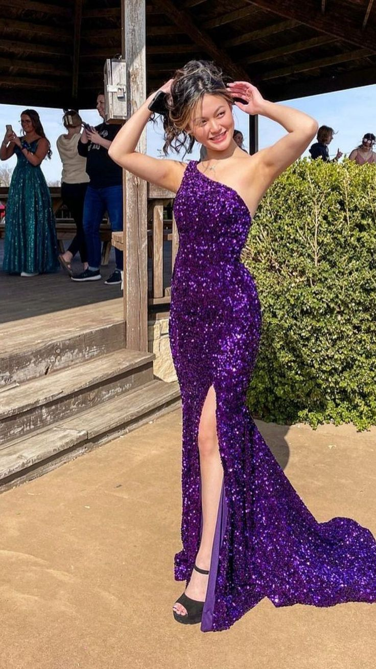 Chic One Shoulder Purple Sequin Mermaid Slit Evening Dress Long Wedding Guest Dress D1565
