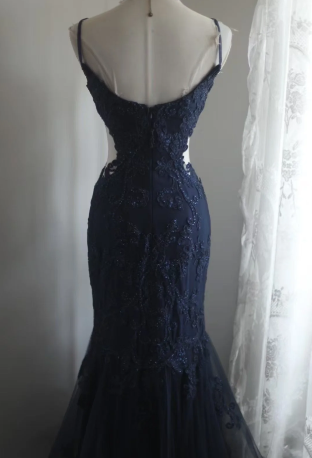 Elegant Spaghetti Straps Navy Blue Tulle Lace Appliques Mermaid Evening Dress Birthday Outfits D1268