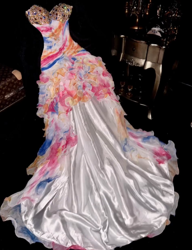 Chic Strapless Beaded Colorful Chiffon Ruffles Mermaid Party Dress Long Prom Dresses D933