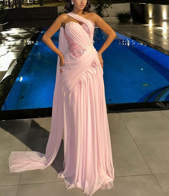 Pretty Pink Chiffon Beaded Mermaid Long Evening Dress Formal Wedding Guest Dress D1814