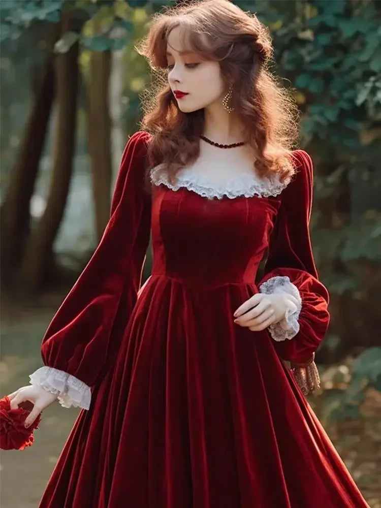 French Hepburn Velvet Drape Red Christmas Party Dress - Fashionpara