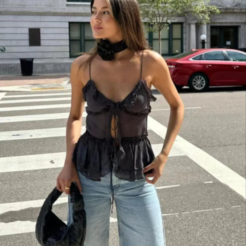 Sheer Mesh Ruffled Crop Top
