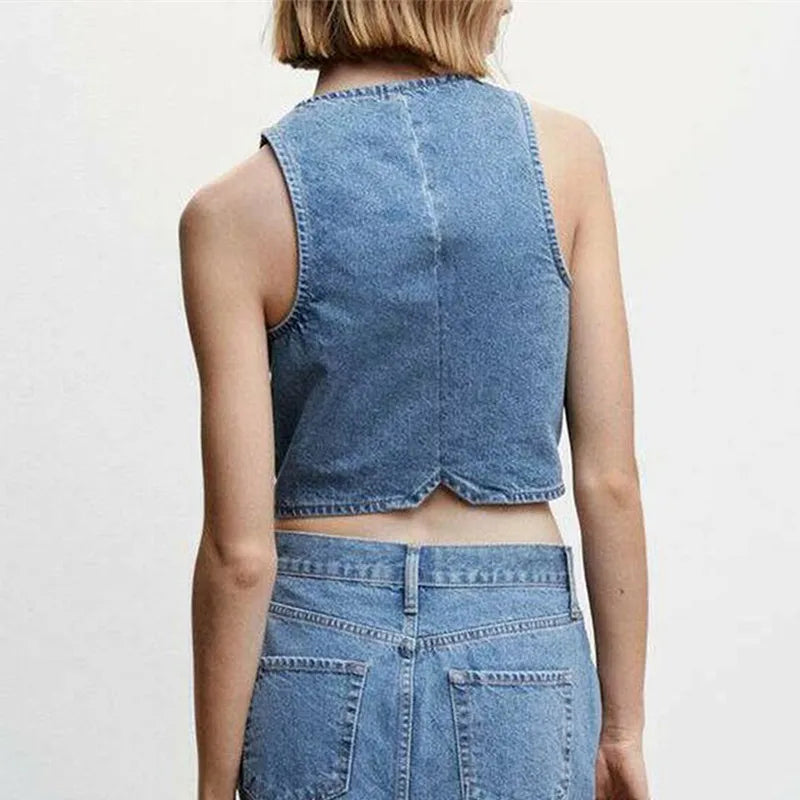 Denim Button V-Neck Crop Top